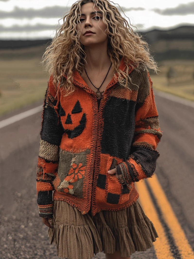 Halloween Sweater Winter Gothic Oversized Knit Cardigan Patchwork Print Knit Top